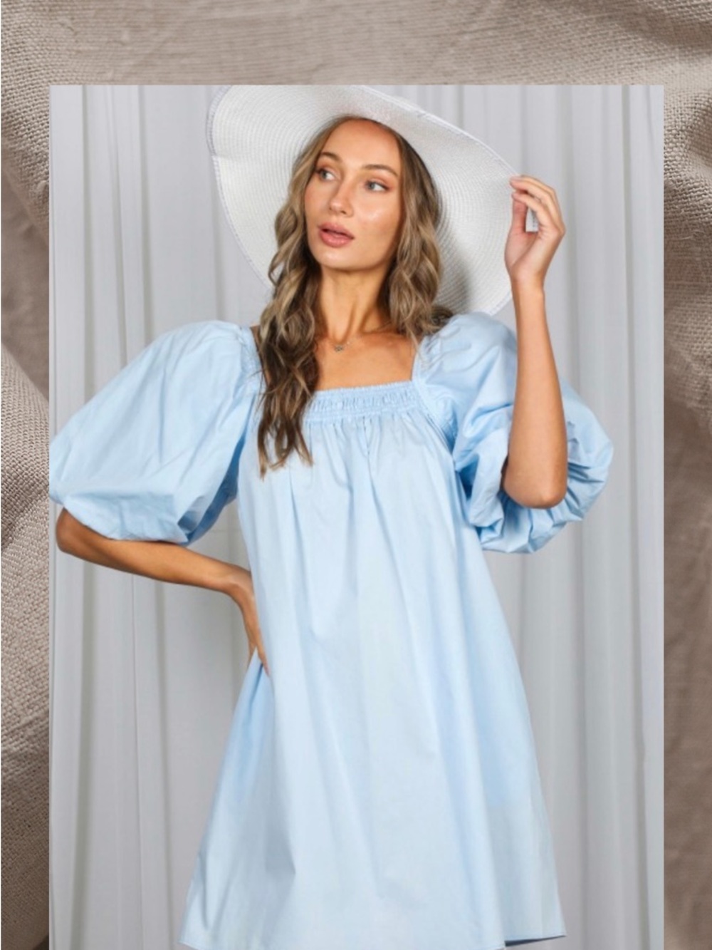 Light Blue Puff Sleeve Square Neck Mini Dress